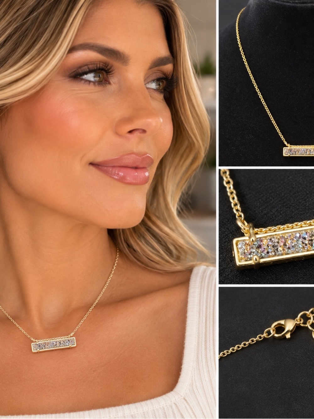 Kendra Scott Gold Tone Druzy Bar Necklace Iridescent Sparkle Delicate